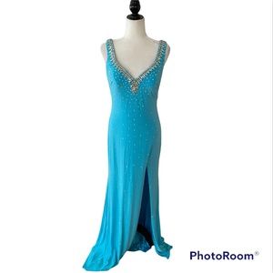 Night Moves Blue Jeweled Draped Back Gown